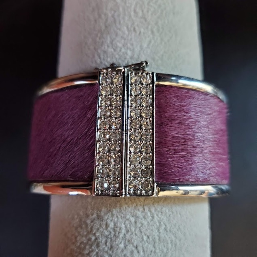 Ann Taylor Purple Calf Hair Rhinestone Hinge Cuff Bracelet Silver Tone Mob Wife
